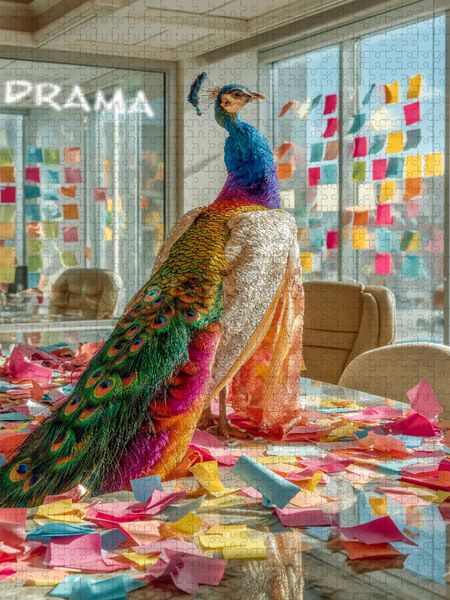 Produktbild: CALVENDO Puzzle Tierpuzzle mit Pfau in einem B&uuml;ro - die Dramaqueen unter den Federtieren sorgt f&uuml;r buntes Chaos | 1000 Teile Lege-Gr&ouml;&szlig;e 64x48cm Foto-Puzzle f&uuml;r gl&uuml;ckliche Stunden