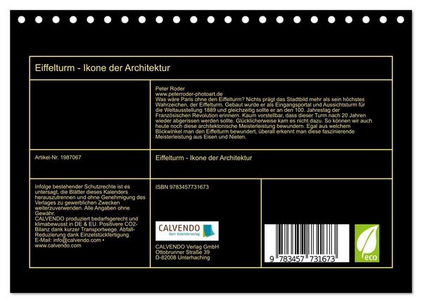 Produktbild: Eiffelturm - Ikone der Architektur (Tischkalender 2026 DIN A5 quer), CALVENDO Monatskalender