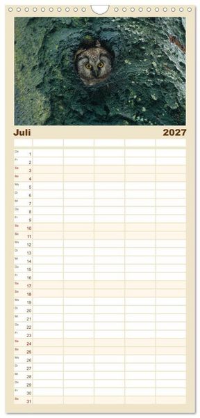 Produktbild: Familienplaner 2027 - Heimische Eulen und Greife mit 5 Spalten (Wandkalender, 21 x 45 cm) CALVENDO
