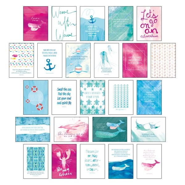 Produktbild: Postkarten Set &bdquo;Sand & Sea&ldquo; &ndash; 25 hochwertige Postkarten mit sommerlichen Motiven sowie inspirierenden und motivierenden Spr&uuml;chen & Zitaten zum Dekorieren oder Verschicken. Von Hand designte Spruchkarten Sommer, Sonne, Strand & Meer