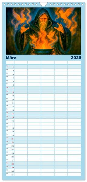 Produktbild: Familienplaner 2026 - Magische Meister - Kalender &uuml;ber Zauberer und ihre Kr&auml;fte mit 5 Spalten (Wandkalender, 21 x 45 cm) CALVENDO