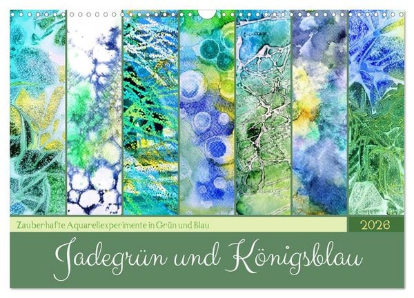 Produktbild: Jadegr&uuml;n und K&ouml;nigsblau - Zauberhafte Aquarellexperimente in Gr&uuml;n und Blau (Wandkalender 2026 DIN A3 quer), CALVENDO Monatskalender