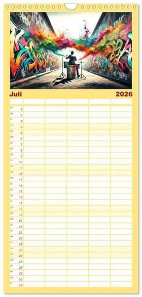 Produktbild: Familienplaner 2026 - Drummer - Color Splash Rhythms: Trommelschl&auml;ge und Farbexplosionen mit 5 Spalten (Wandkalender, 21 x 45 cm) CALVENDO