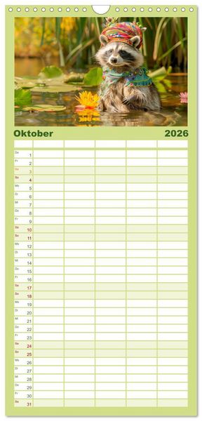 Produktbild: Familienplaner 2026 - Niedlicher Waschb&auml;ren-Style. Modisch, elegant und blumig mit 5 Spalten (Wandkalender, 21 x 45 cm) CALVENDO