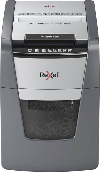 Rexel Optimum AutoFeed+ 100X Aktenvernichter 100 Blatt Partikelschnitt 4 x 28 mm P-4 34 l Vernichtet auch Büroklammern, 