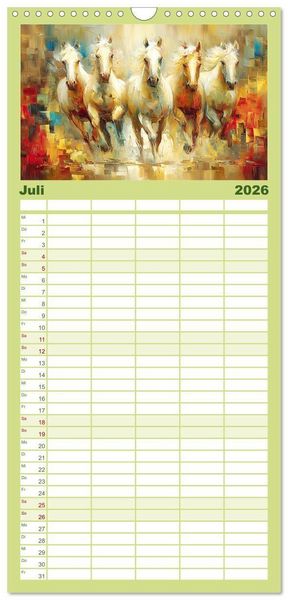 Produktbild: Familienplaner 2026 - Im Glanz der Pferde. Edle Sch&ouml;nheiten in moderner &Ouml;loptik mit 5 Spalten (Wandkalender, 21 x 45 cm) CALVENDO