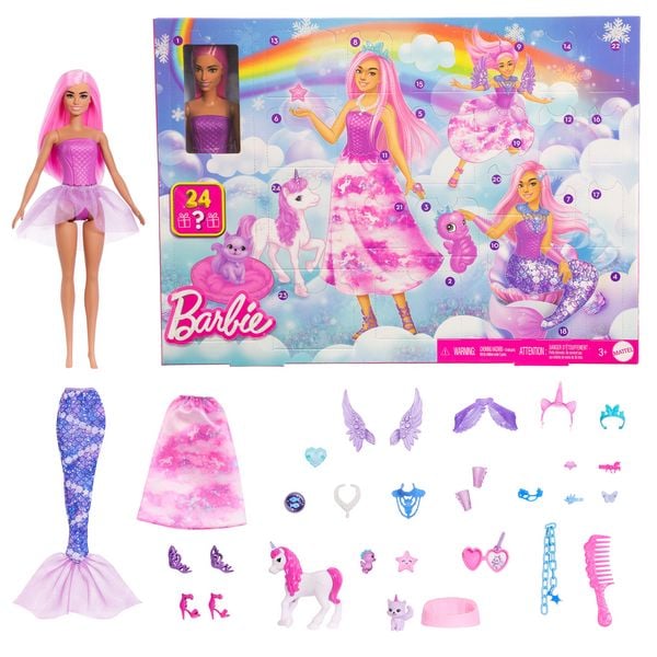 Produktbild: Barbie-Adventskalender mit Modepuppe und 24 Überraschungs-Accessoires mit Einhorn und Tieren