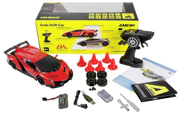 Produktbild: Amewi Veneno Drift Car Rot Brushed 1:18 RC Modellauto Elektro Drift Allradantrieb (4WD) RtR 2,4 GHz inkl. Akku und Ladekabel, Spar-Set
