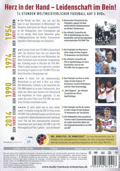 Produktbild: Vier Sterne - Die Weltmeister-Box - 1954/1974/1990/2014 / Alle deutschen Finalsiege mit Originalkommentaren von ARD und ZDF + Die offiziellen Turnierfilme der FIFA + Die Mannschaft [5 DVDs]