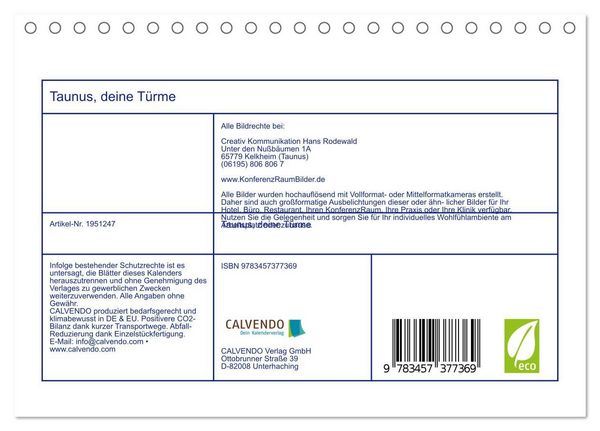 Produktbild: Taunus, deine T&uuml;rme (Tischkalender 2026 DIN A5 quer), CALVENDO Monatskalender