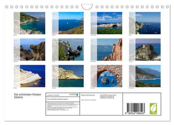 Produktbild: Die sch&ouml;nsten K&uuml;sten Italiens (Wandkalender 2026 DIN A4 quer), CALVENDO Monatskalender