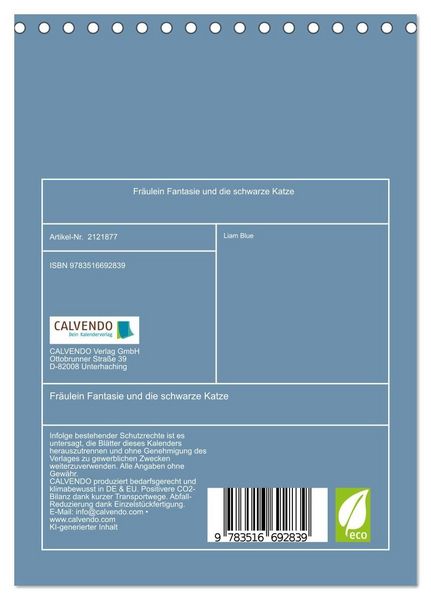 Produktbild: Fr&auml;ulein Fantasie und die schwarze Katze (Tischkalender 2026 DIN A5 hoch), CALVENDO Monatskalender