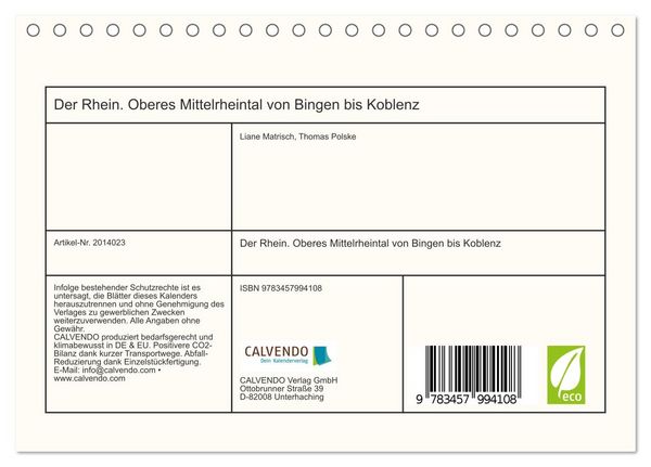 Produktbild: Der Rhein. Oberes Mittelrheintal von Bingen bis Koblenz (Tischkalender 2026 DIN A5 quer), CALVENDO Monatskalender
