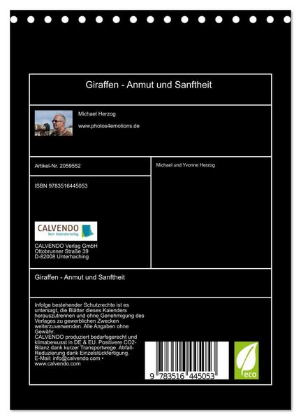 Produktbild: Giraffen - Anmut und Sanftheit (Tischkalender 2026 DIN A5 hoch), CALVENDO Monatskalender
