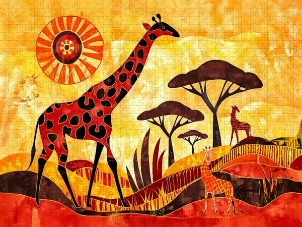 Produktbild: CALVENDO Puzzle Giraffenfamilie vor kunstvoller Savannensonne | 1000 Teile Lege-Gr&ouml;&szlig;e 64x48cm Foto-Puzzle f&uuml;r gl&uuml;ckliche Stunden