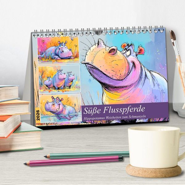 Produktbild: S&uuml;&szlig;e Flusspferde. Hippopotamus Weisheiten zum Schmunzeln (Tischkalender 2026 DIN A5 quer), CALVENDO Monatskalender