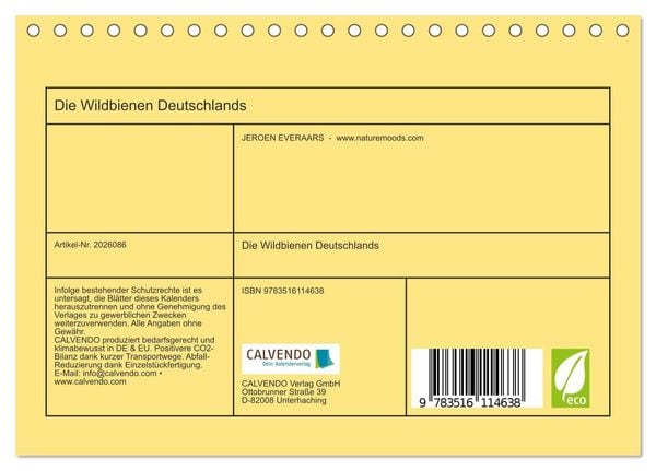 Produktbild: Die Wildbienen Deutschlands (Tischkalender 2026 DIN A5 quer), CALVENDO Monatskalender