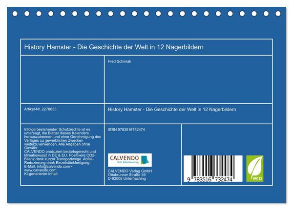 Produktbild: History Hamster - Die Geschichte der Welt in 12 Nagerbildern (Tischkalender 2026 DIN A5 quer), CALVENDO Monatskalender