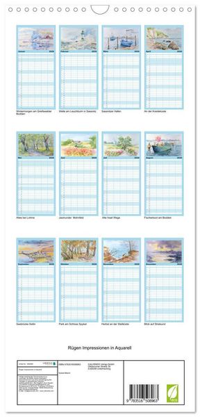 Produktbild: Familienplaner 2026 - R&uuml;gen Impressionen in Aquarell mit 5 Spalten (Wandkalender, 21 x 45 cm) CALVENDO
