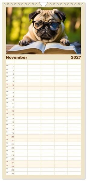 Produktbild: Familienplaner 2027 - Lustige Mops-Hunde: Die charmanten Meister von Chaos und Unfug mit 5 Spalten (Wandkalender, 21 x 45 cm) CALVENDO