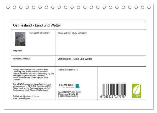 Produktbild: Ostfriesland - Land und Wetter (Tischkalender 2026 DIN A5 quer), CALVENDO Monatskalender
