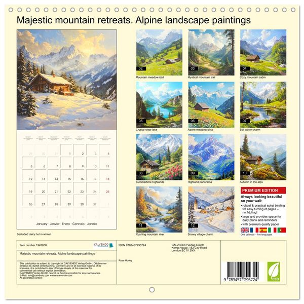 Produktbild: Majestic mountain retreats. Alpine landscape paintings (Wall Calendar 2026 12 &times; 12 Inch) CALVENDO 12 Month Wall Calendar
