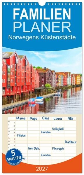 Produktbild: Familienplaner 2027 - Norwegens K&uuml;stenst&auml;dte mit 5 Spalten (Wandkalender, 21 x 45 cm) CALVENDO
