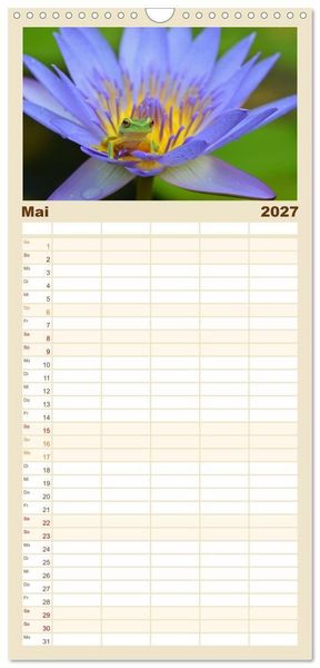 Produktbild: Familienplaner 2027 - Fr&ouml;sche - Die wundersch&ouml;ne Welt der bunten H&uuml;pfer. mit 5 Spalten (Wandkalender, 21 x 45 cm) CALVENDO