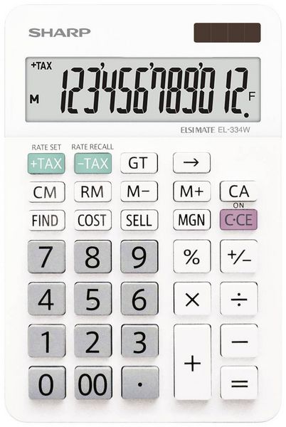 Sharp EL-334W Tischrechner Weiß Display (Stellen): 12 batteriebetrieben, solarbetrieben (B x H x T) 112 x 170 x 14 mm