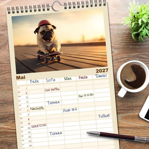 Produktbild: Familienplaner 2027 - Lustige Mops-Hunde: Die charmanten Meister von Chaos und Unfug mit 5 Spalten (Wandkalender, 21 x 45 cm) CALVENDO