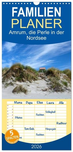 Produktbild: Familienplaner 2026 - Amrum, die Perle in der Nordsee mit 5 Spalten (Wandkalender, 21 x 45 cm) CALVENDO