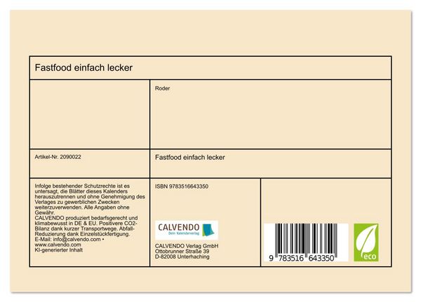 Produktbild: Fastfood einfach lecker (Tischkalender 2026 DIN A5 quer), CALVENDO Monatskalender