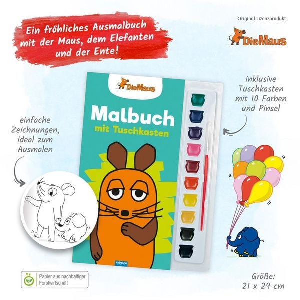 Produktbild: Tr&ouml;tsch Die Maus Malbuch mit Tuschkasten und Pinsel