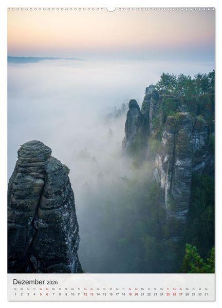 Produktbild: Bastei und Lilienstein - Unterwegs an zwei m&auml;rchenhaften Orten in der S&auml;chsischen Schweiz (hochwertiger Premium Wandkalender 2026 DIN A2 hoch), Kunstdruck in Hochglanz