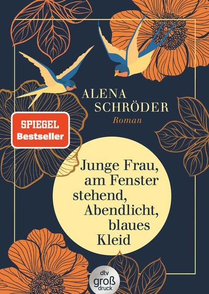 Produktbild: Junge Frau, am Fenster stehend, Abendlicht, blaues Kleid
