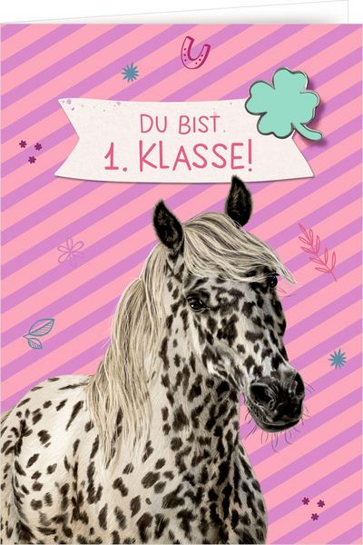 Produktbild: Gru&szlig;karte mit Wegbegleiter-Pin &ndash; Du bist 1. Klasse! / Hurra, du bist ein Schulkind!
