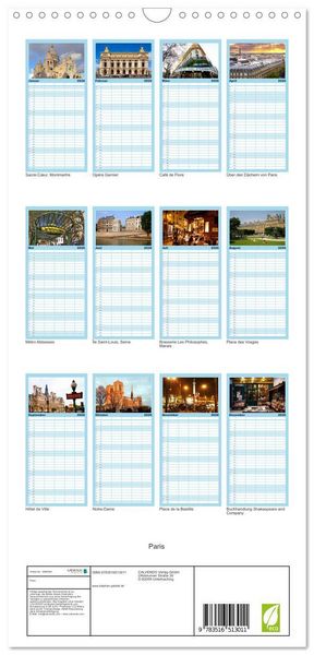 Produktbild: Familienplaner 2026 - Paris mit 5 Spalten (Wandkalender, 21 x 45 cm) CALVENDO