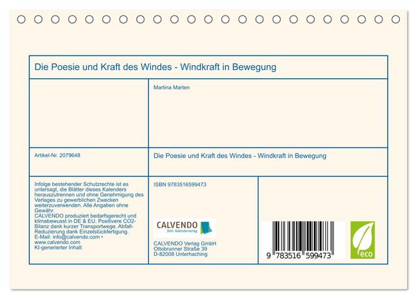 Produktbild: Die Poesie und Kraft des Windes - Windkraft in Bewegung (Tischkalender 2026 DIN A5 quer), CALVENDO Monatskalender