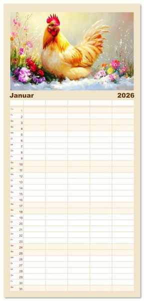 Produktbild: Familienplaner 2026 - Im Glanz der Federn. Sch&ouml;ne H&uuml;hner in malerischer Harmonie mit 5 Spalten (Wandkalender, 21 x 45 cm) CALVENDO