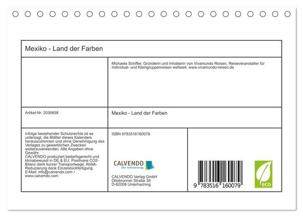 Produktbild: Mexiko - Land der Farben (Tischkalender 2026 DIN A5 quer), CALVENDO Monatskalender