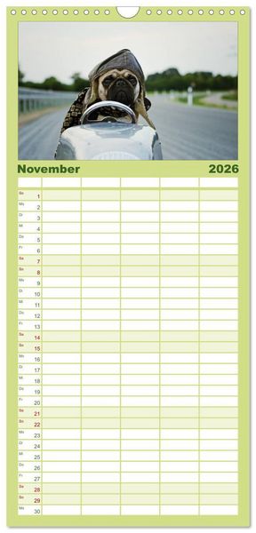 Produktbild: Familienplaner 2026 - Der MOPS-Kalender mit 5 Spalten (Wandkalender, 21 x 45 cm) CALVENDO