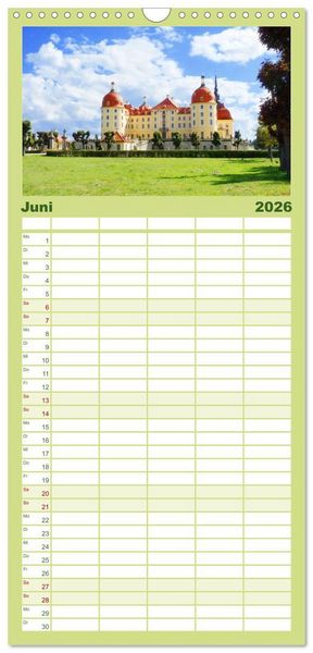 Produktbild: Familienplaner 2026 - Moritzburg, Weesenstein, Muskau - Drei sch&ouml;ne s&auml;chsische Schl&ouml;sser mit 5 Spalten (Wandkalender, 21 x 45 cm) CALVENDO