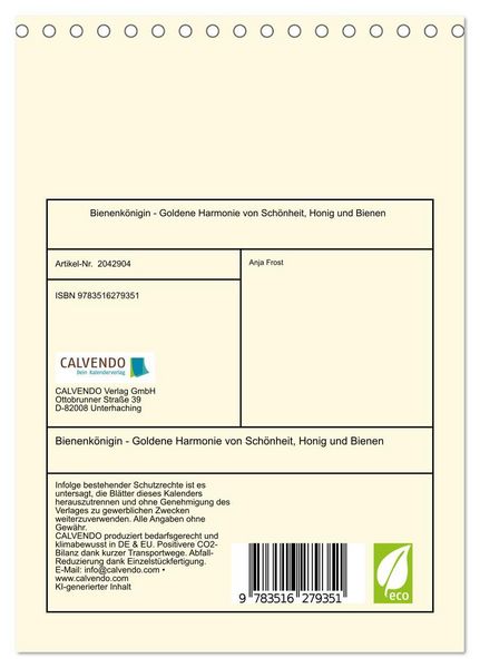 Produktbild: Bienenk&ouml;nigin - Goldene Harmonie von Sch&ouml;nheit, Honig und Bienen (Tischkalender 2026 DIN A5 hoch), CALVENDO Monatskalender