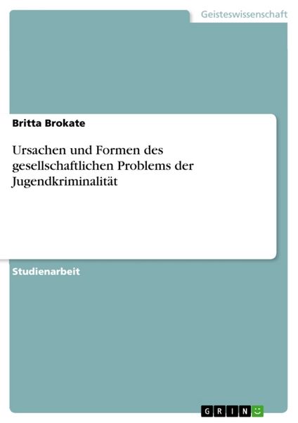 Ursachen und Formen des gesellschaftlichen Problems der Jugendkriminalität, Taschenbuch von Britta Brokate, GRIN, 9783638768238