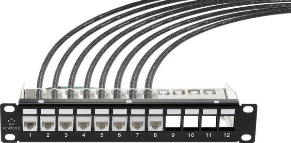 Produktbild: Renkforce RF-4996626 12 Port Patch-Panel 254mm (10\") Unbest&uuml;ckt 1 HE Schwarz Unbest&uuml;ckt