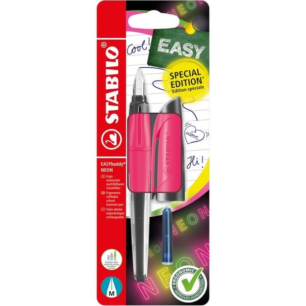 Produktbild: STABILO F&uuml;ller EASYbuddy NEON in neonpink, Schulf&uuml;ller mit Standard-Feder M, blau (l&ouml;schbar) inkl. Patrone