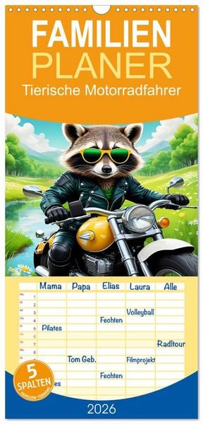 Produktbild: Familienplaner 2026 - Tierische Motorradfahrer mit 5 Spalten (Wandkalender, 21 x 45 cm) CALVENDO
