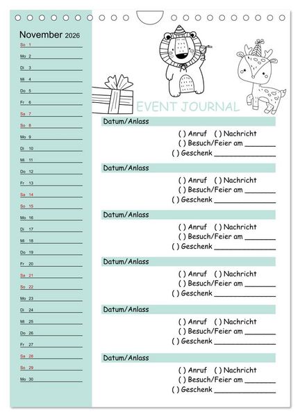 Produktbild: Geburtstagsplaner Doodle Tiere - F&uuml;r Termine, Geschenke, Eventdetails & mehr (Wandkalender 2026 DIN A4 hoch), CALVENDO Monatskalender