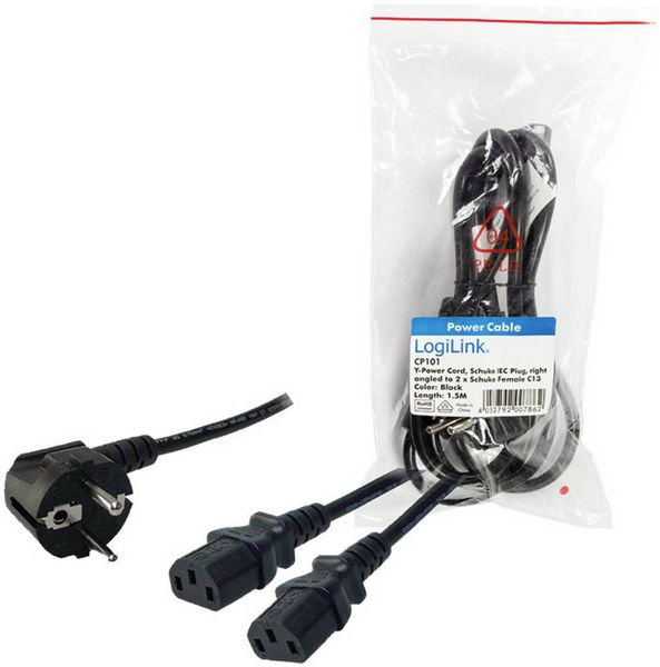 Produktbild: LogiLink Strom Anschlusskabel [1x Schutzkontakt-Winkelstecker - 2x Kaltger&auml;te-Stecker C13] 1.70 m Schwarz