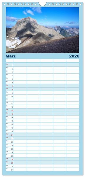 Produktbild: Familienplaner 2026 - Zauber der Berge mit 5 Spalten (Wandkalender, 21 x 45 cm) CALVENDO